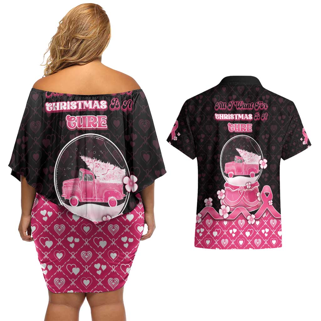 Breast Cancer Christmas Couples Matching Off Shoulder Short Dress and Hawaiian Shirt Merry Pinkmas - Wonder Print Shop