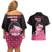 Breast Cancer Christmas Couples Matching Off Shoulder Short Dress and Hawaiian Shirt Merry Pinkmas - Wonder Print Shop