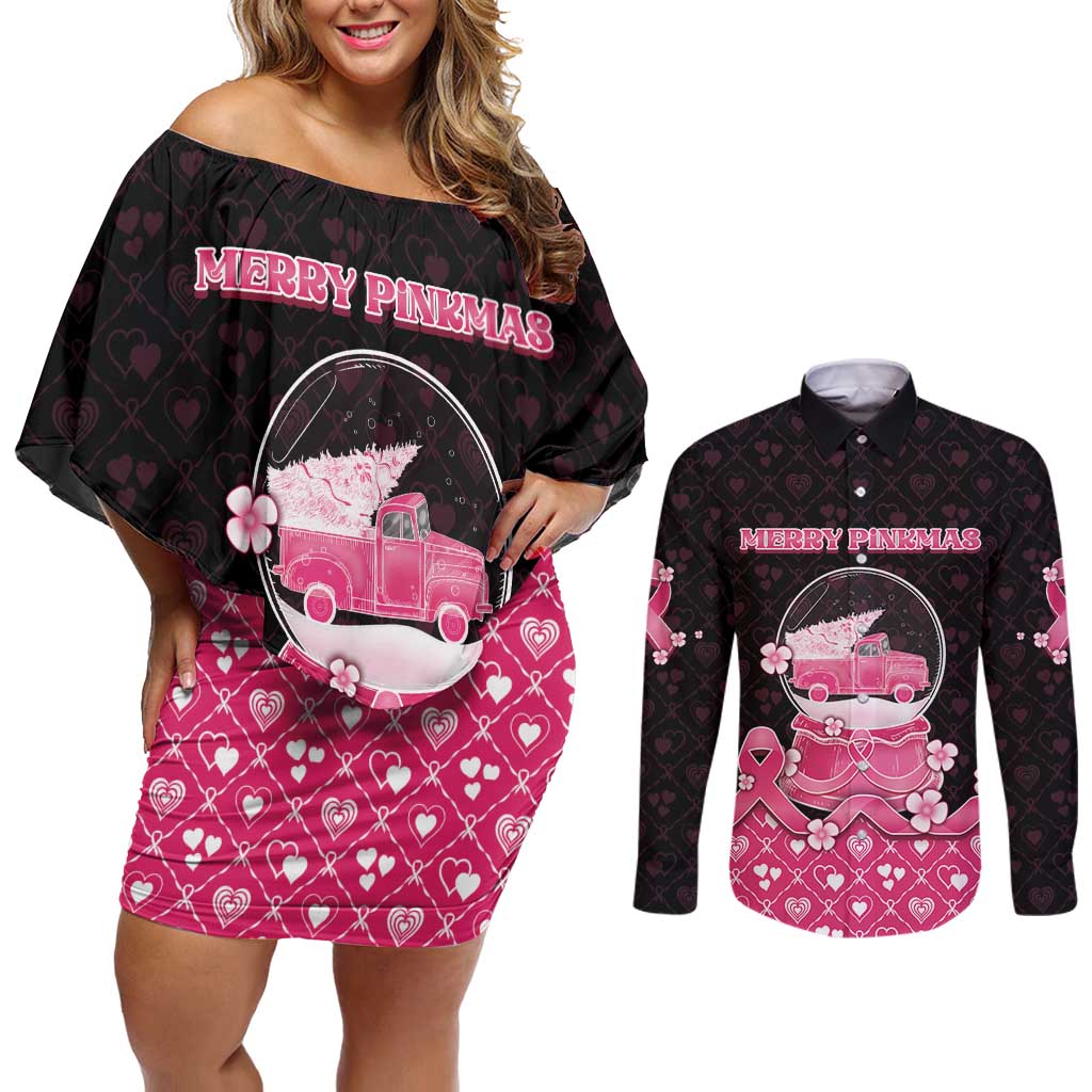 Breast Cancer Christmas Couples Matching Off Shoulder Short Dress and Long Sleeve Button Shirt Merry Pinkmas - Wonder Print Shop