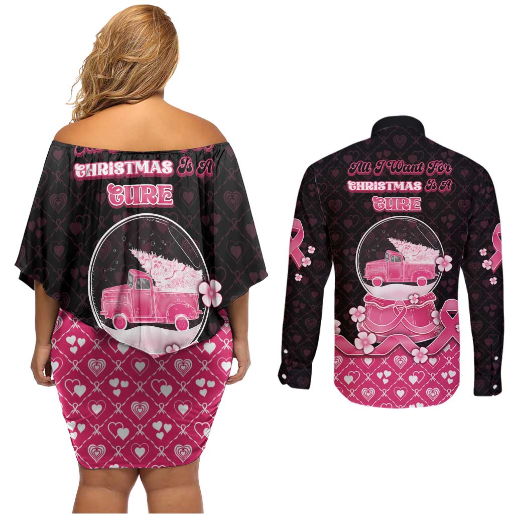 Breast Cancer Christmas Couples Matching Off Shoulder Short Dress and Long Sleeve Button Shirt Merry Pinkmas - Wonder Print Shop