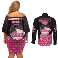 Breast Cancer Christmas Couples Matching Off Shoulder Short Dress and Long Sleeve Button Shirt Merry Pinkmas - Wonder Print Shop