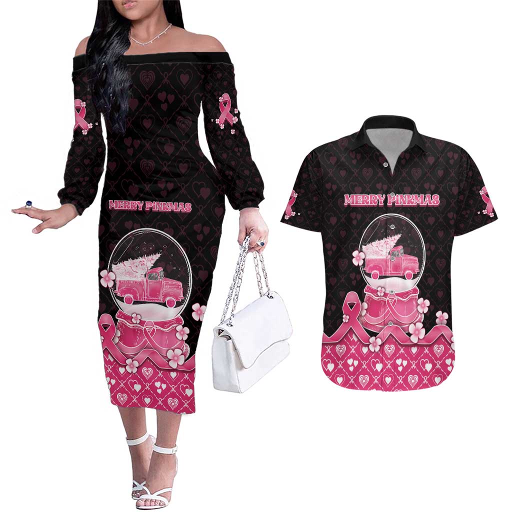 Breast Cancer Christmas Couples Matching Off The Shoulder Long Sleeve Dress and Hawaiian Shirt Merry Pinkmas - Wonder Print Shop