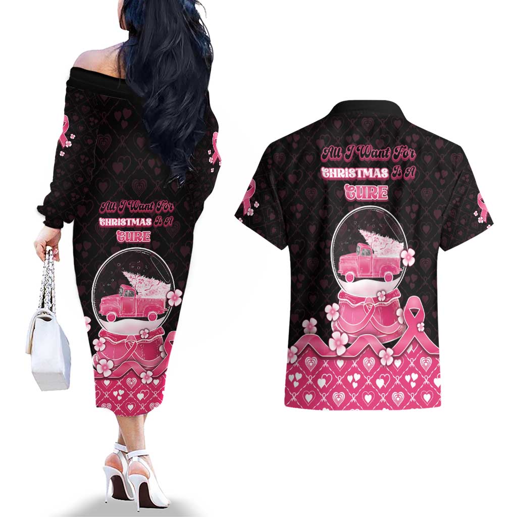 Breast Cancer Christmas Couples Matching Off The Shoulder Long Sleeve Dress and Hawaiian Shirt Merry Pinkmas - Wonder Print Shop