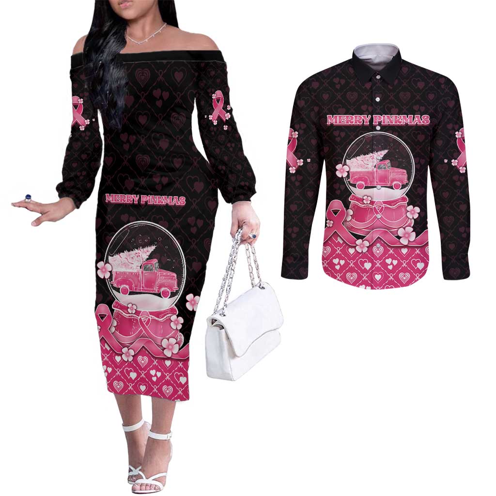 Breast Cancer Christmas Couples Matching Off The Shoulder Long Sleeve Dress and Long Sleeve Button Shirt Merry Pinkmas - Wonder Print Shop