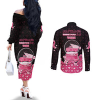 Breast Cancer Christmas Couples Matching Off The Shoulder Long Sleeve Dress and Long Sleeve Button Shirt Merry Pinkmas - Wonder Print Shop