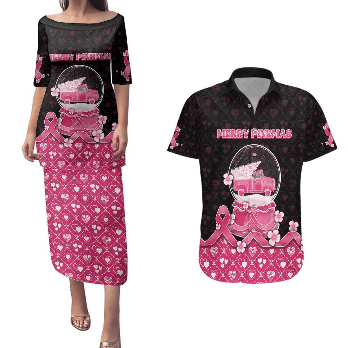 Breast Cancer Christmas Couples Matching Puletasi and Hawaiian Shirt Merry Pinkmas - Wonder Print Shop