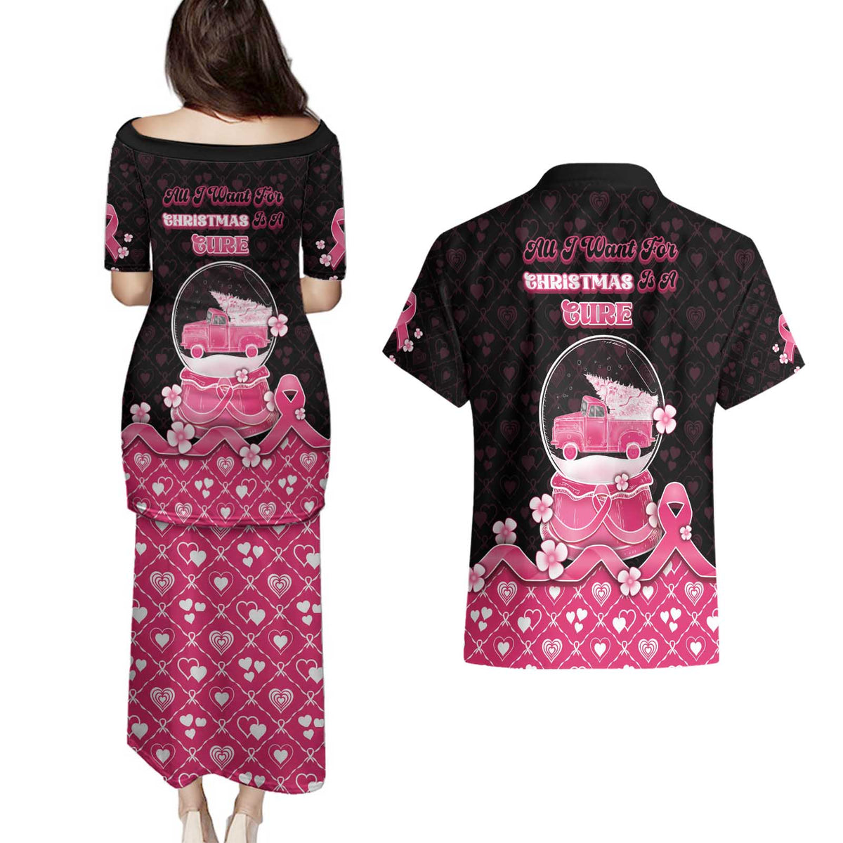 Breast Cancer Christmas Couples Matching Puletasi and Hawaiian Shirt Merry Pinkmas - Wonder Print Shop