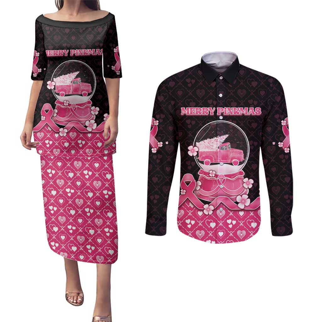 Breast Cancer Christmas Couples Matching Puletasi and Long Sleeve Button Shirt Merry Pinkmas - Wonder Print Shop