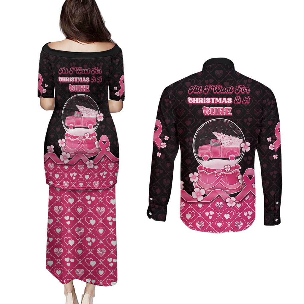 Breast Cancer Christmas Couples Matching Puletasi and Long Sleeve Button Shirt Merry Pinkmas - Wonder Print Shop