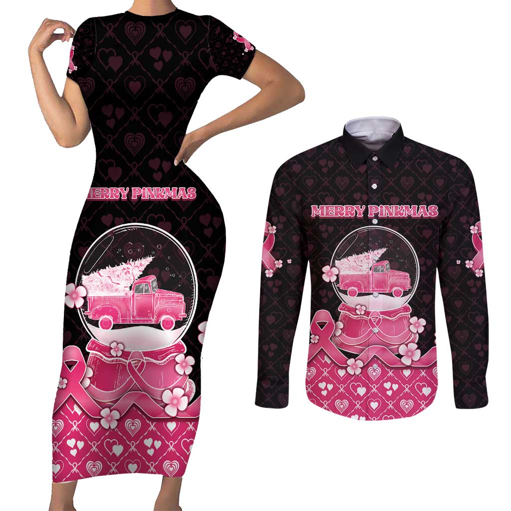 Breast Cancer Christmas Couples Matching Short Sleeve Bodycon Dress and Long Sleeve Button Shirt Merry Pinkmas - Wonder Print Shop