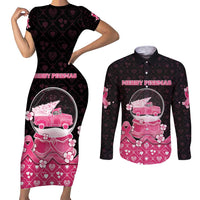 Breast Cancer Christmas Couples Matching Short Sleeve Bodycon Dress and Long Sleeve Button Shirt Merry Pinkmas - Wonder Print Shop