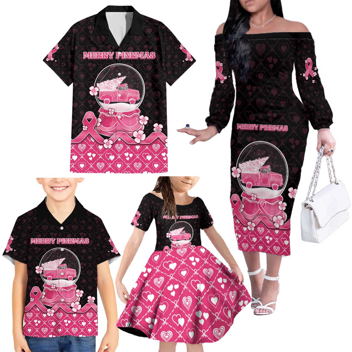 Breast Cancer Christmas Family Matching Off The Shoulder Long Sleeve Dress and Hawaiian Shirt Merry Pinkmas - Wonder Print Shop