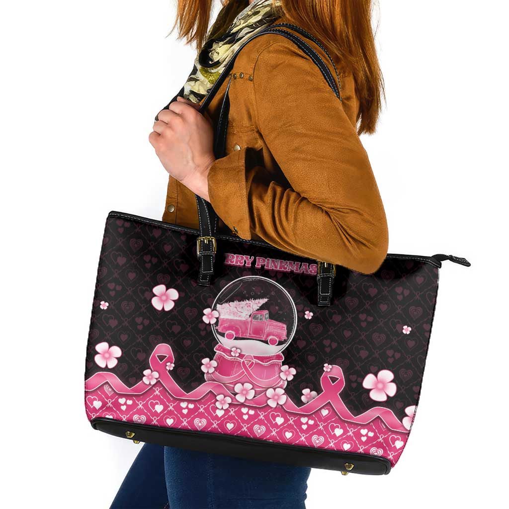 Breast Cancer Christmas Leather Tote Bag Merry Pinkmas - Wonder Print Shop