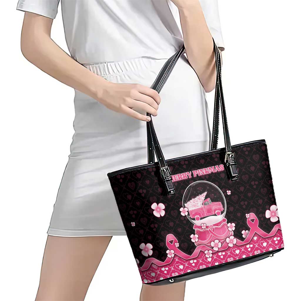 Breast Cancer Christmas Leather Tote Bag Merry Pinkmas - Wonder Print Shop