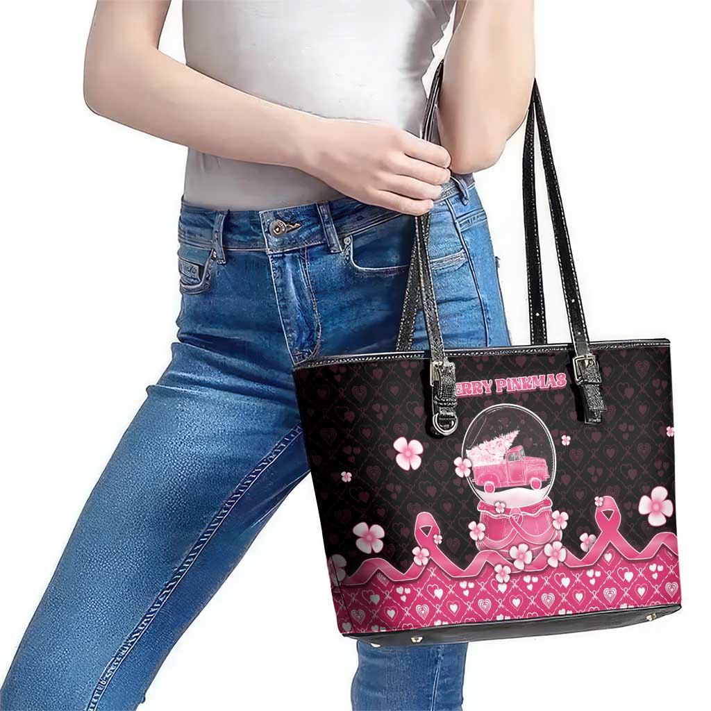 Breast Cancer Christmas Leather Tote Bag Merry Pinkmas - Wonder Print Shop