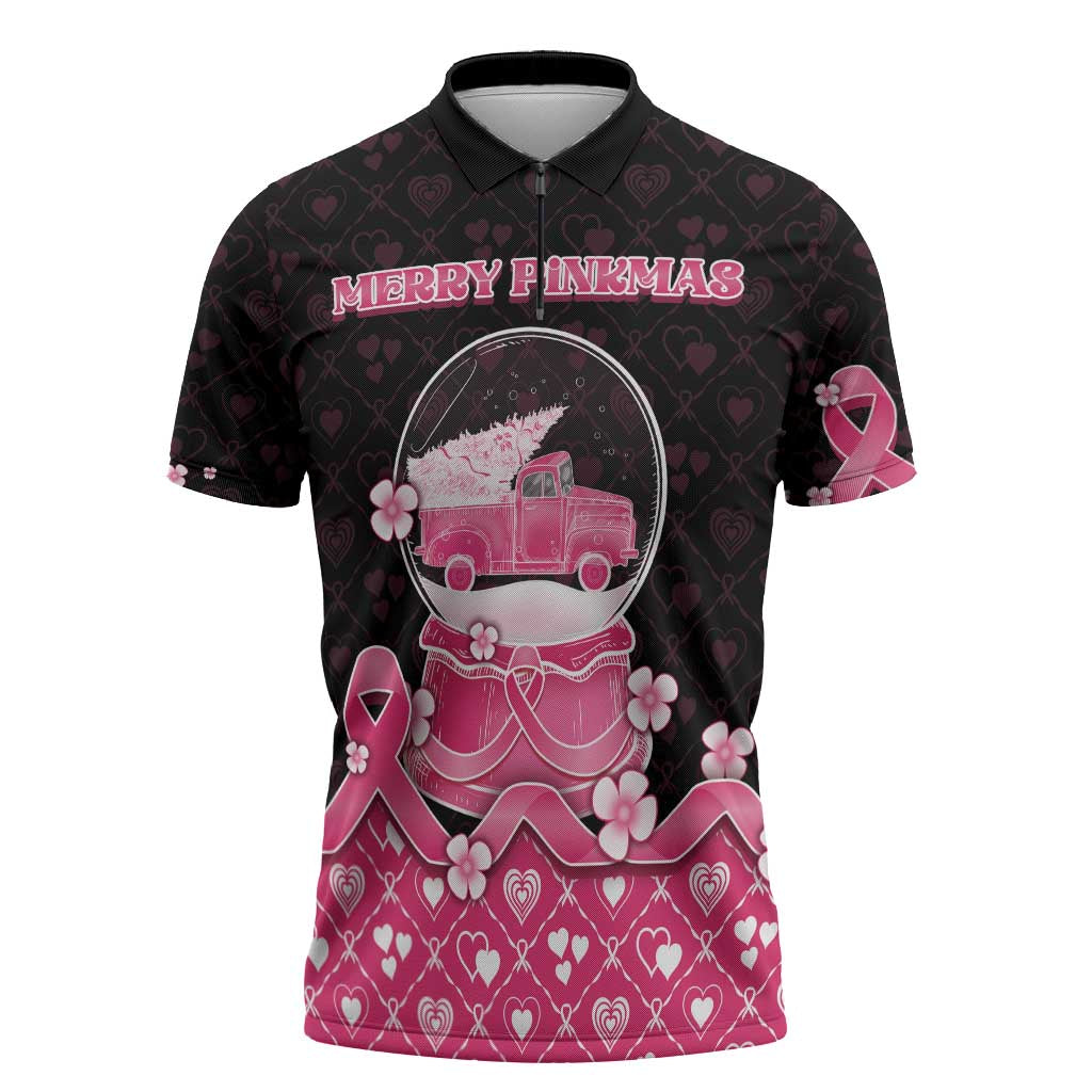 Breast Cancer Christmas Zipper Polo Shirt Merry Pinkmas - Wonder Print Shop