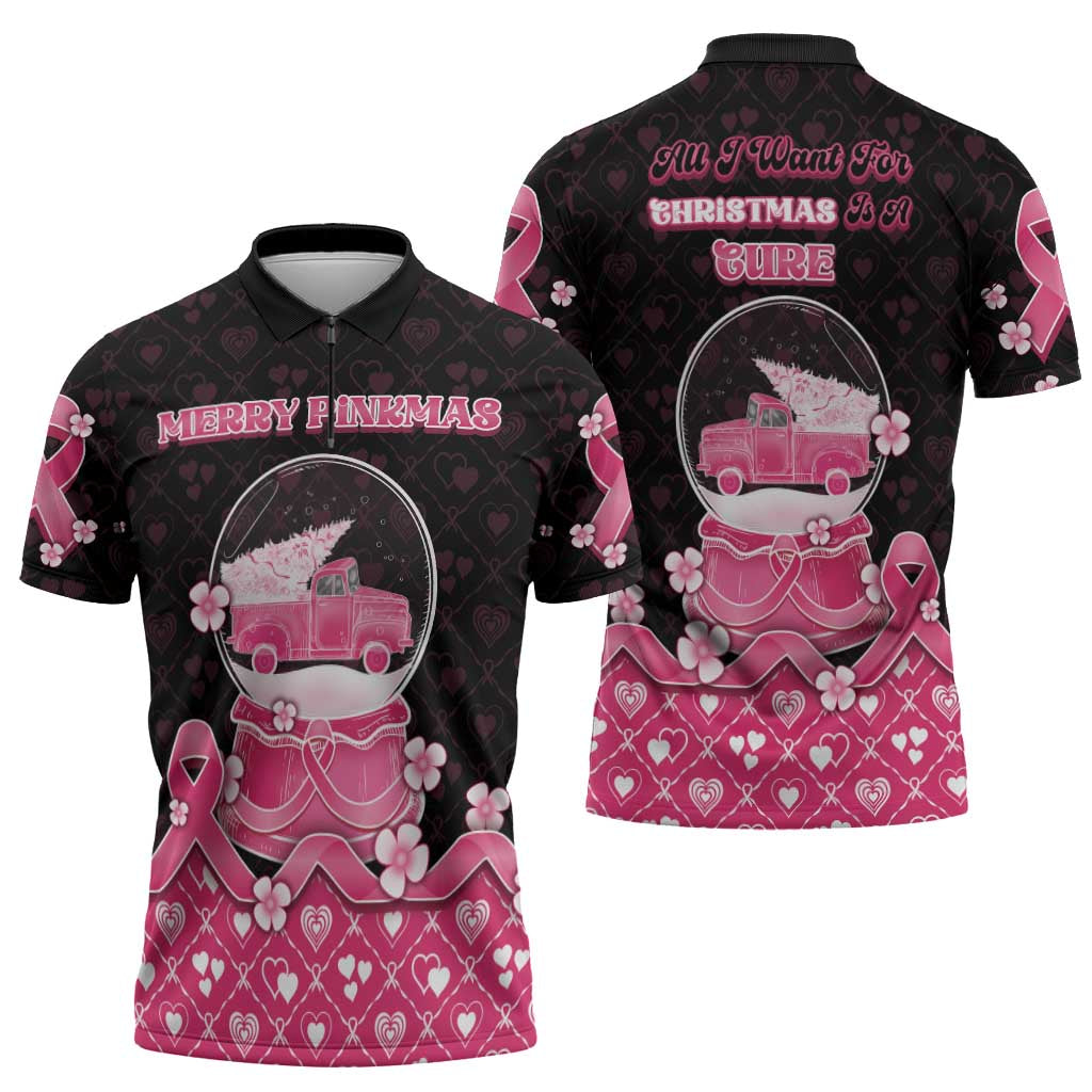 Breast Cancer Christmas Zipper Polo Shirt Merry Pinkmas - Wonder Print Shop