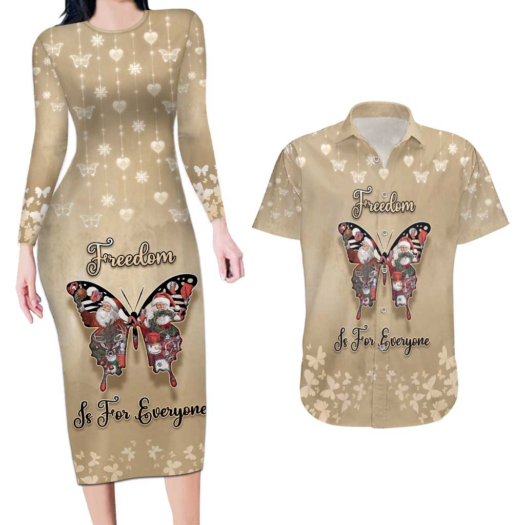 Butterfly Christmas Couples Matching Long Sleeve Bodycon Dress and Hawaiian Shirt Freedom Is For Everyone - Wonder Print Shop