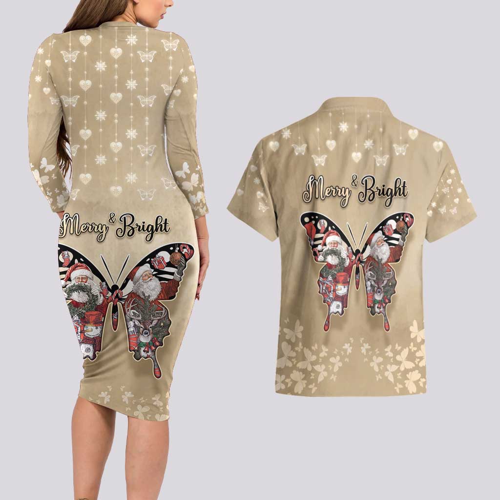 Butterfly Christmas Couples Matching Long Sleeve Bodycon Dress and Hawaiian Shirt Freedom Is For Everyone - Wonder Print Shop