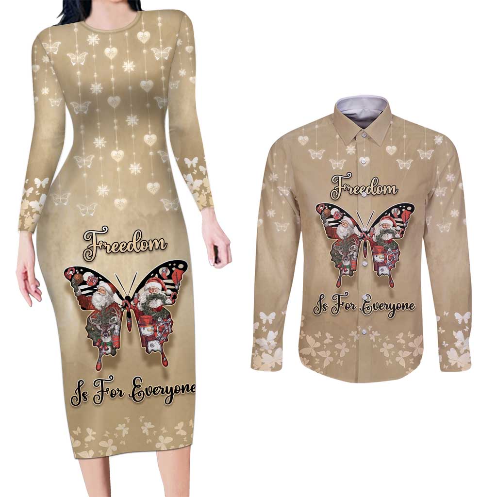 Butterfly Christmas Couples Matching Long Sleeve Bodycon Dress and Long Sleeve Button Shirt Freedom Is For Everyone - Wonder Print Shop