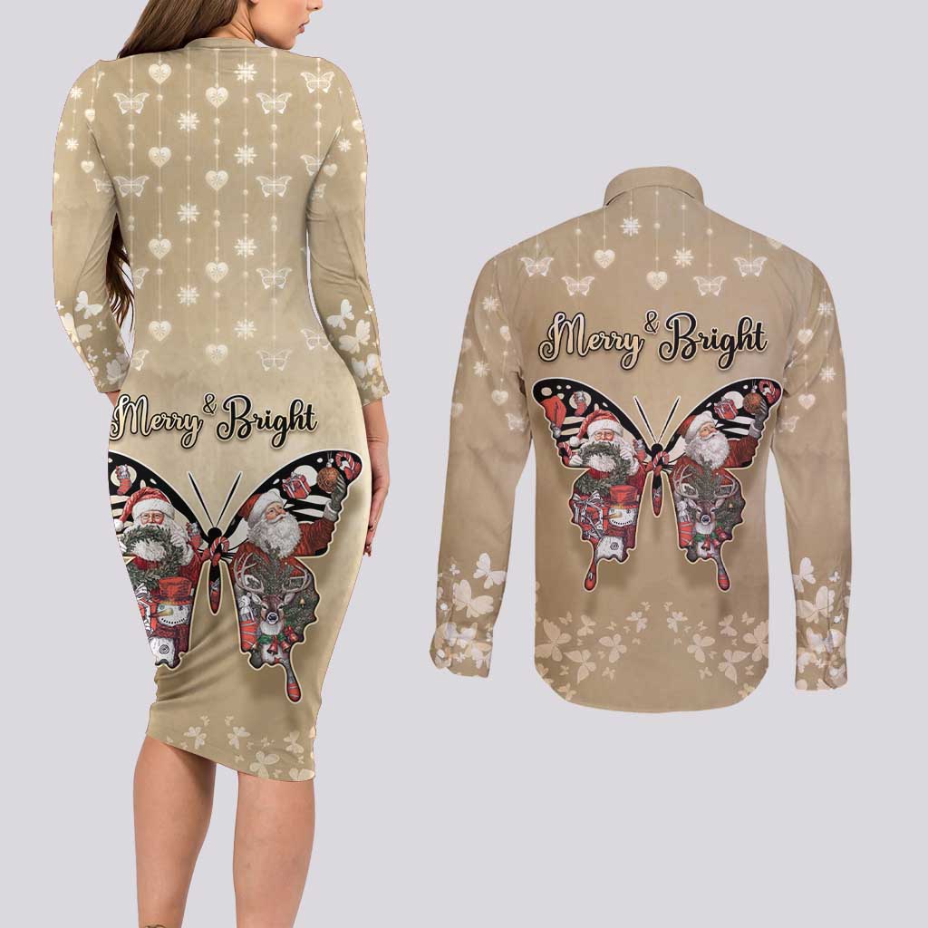 Butterfly Christmas Couples Matching Long Sleeve Bodycon Dress and Long Sleeve Button Shirt Freedom Is For Everyone - Wonder Print Shop