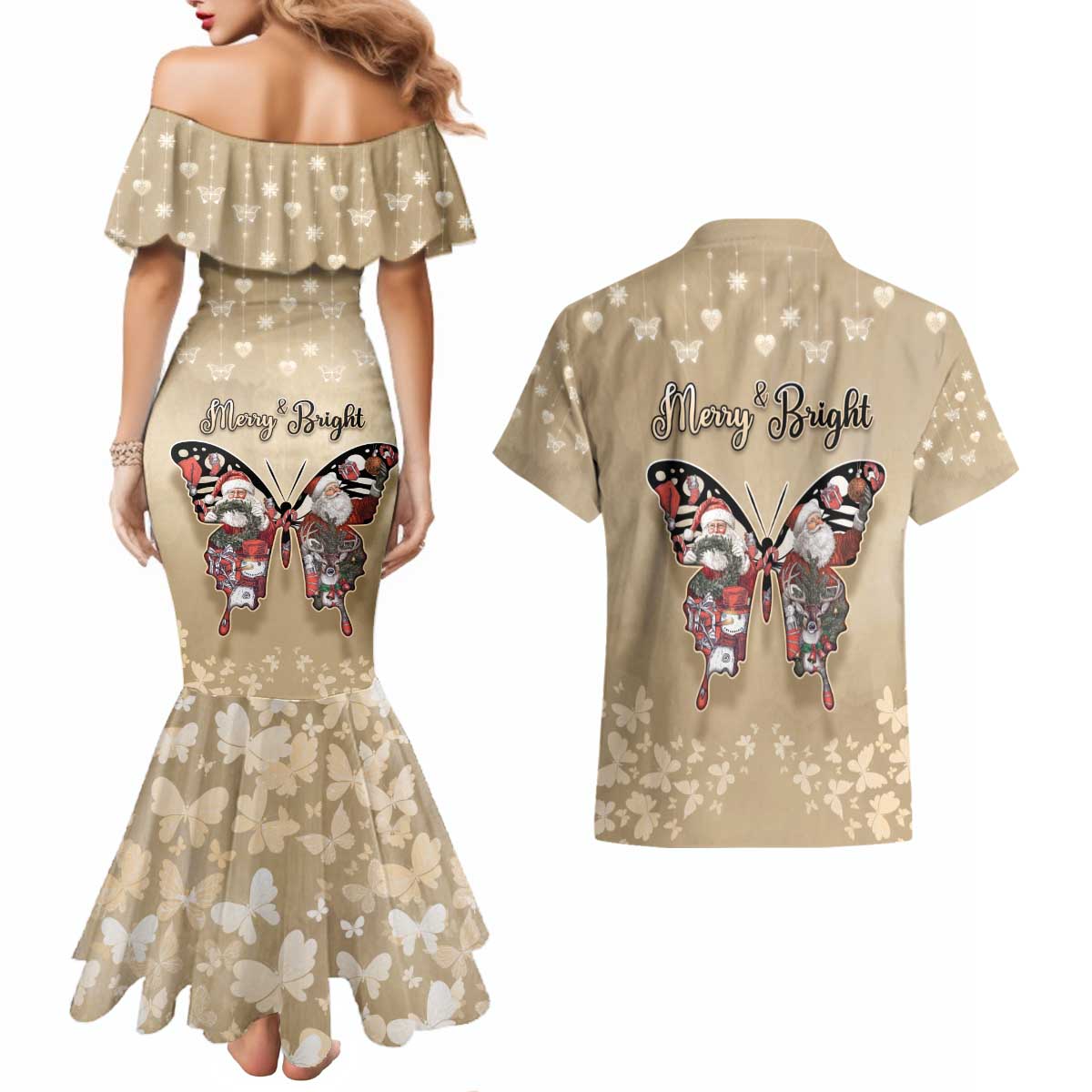 Butterfly Christmas Couples Matching Mermaid Dress and Hawaiian Shirt Freedom Is For Everyone - Wonder Print Shop