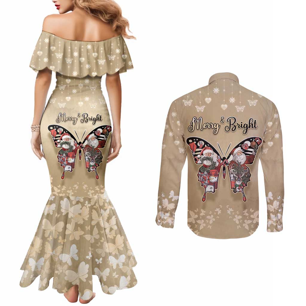 Butterfly Christmas Couples Matching Mermaid Dress and Long Sleeve Button Shirt Freedom Is For Everyone - Wonder Print Shop