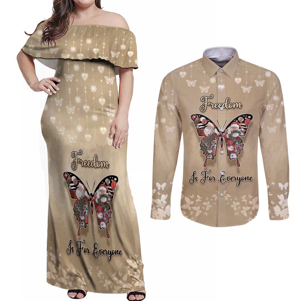 Butterfly Christmas Couples Matching Off Shoulder Maxi Dress and Long Sleeve Button Shirt Freedom Is For Everyone - Wonder Print Shop