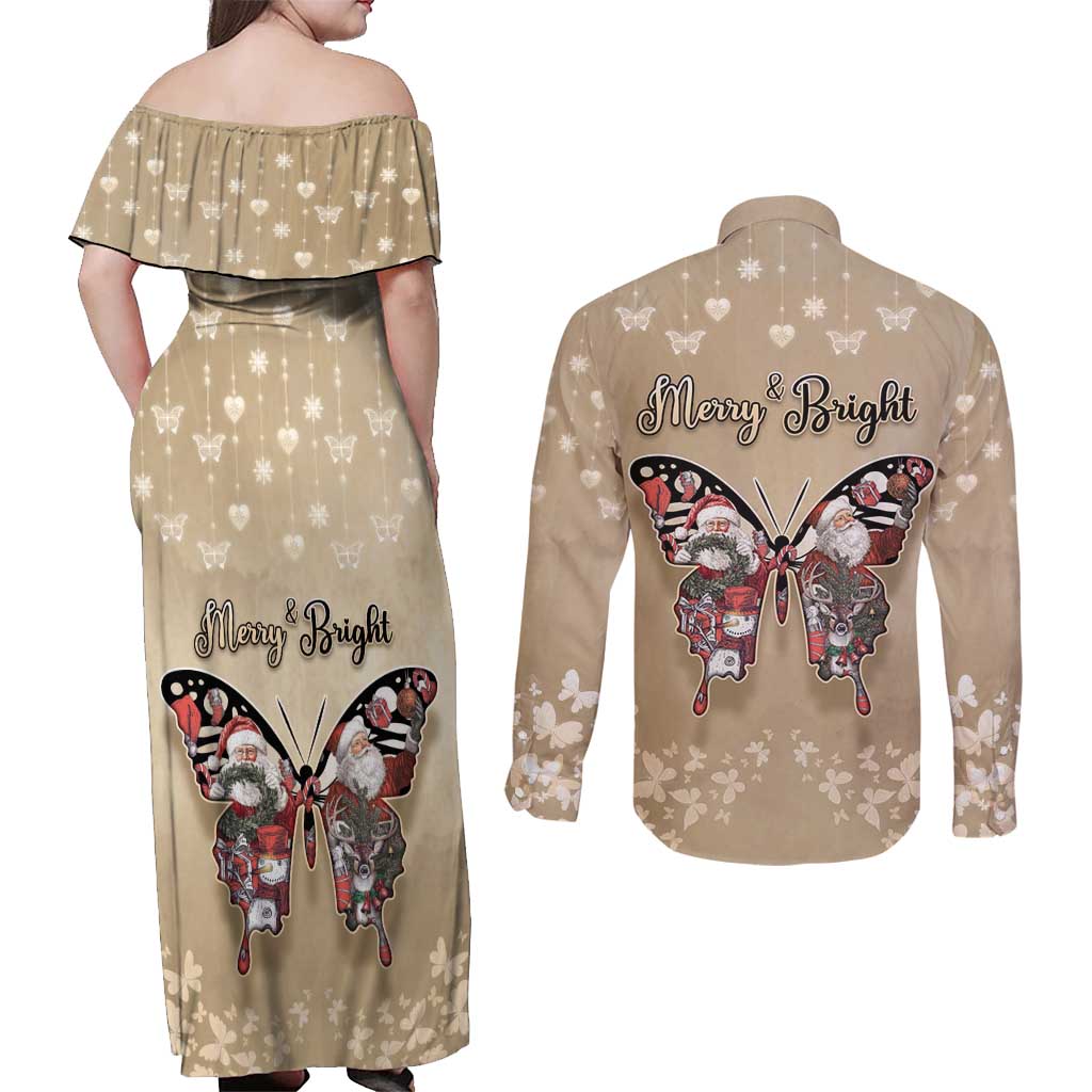 Butterfly Christmas Couples Matching Off Shoulder Maxi Dress and Long Sleeve Button Shirt Freedom Is For Everyone - Wonder Print Shop