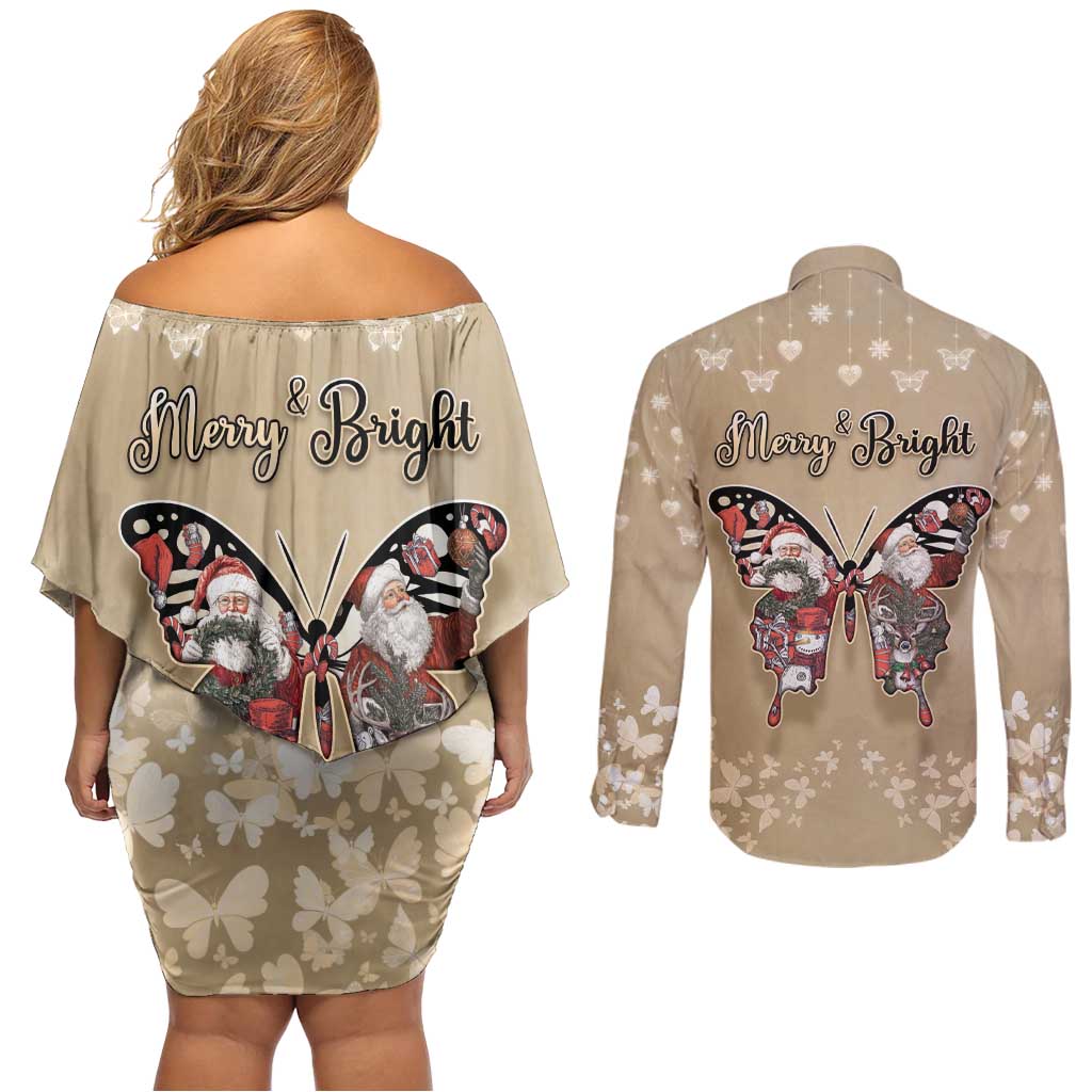 Butterfly Christmas Couples Matching Off Shoulder Short Dress and Long Sleeve Button Shirt Freedom Is For Everyone - Wonder Print Shop