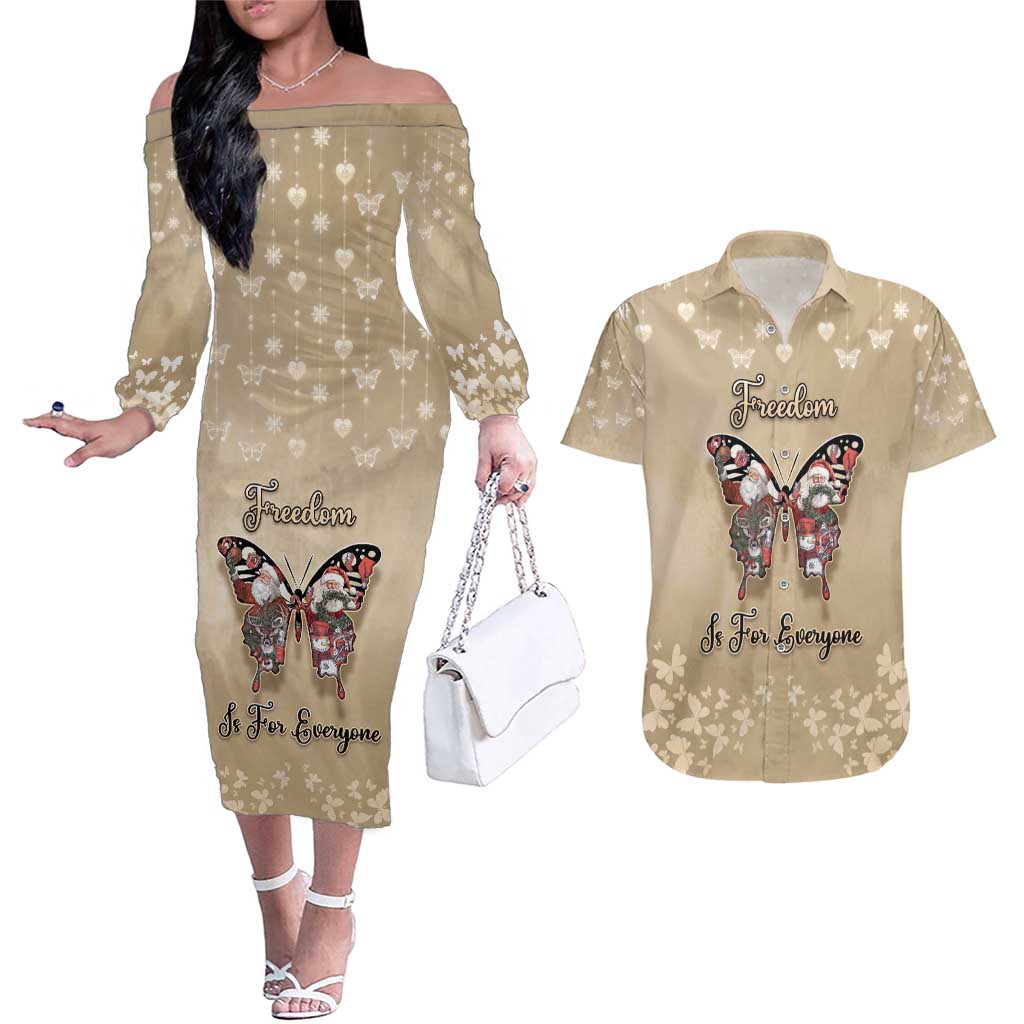 Butterfly Christmas Couples Matching Off The Shoulder Long Sleeve Dress and Hawaiian Shirt Freedom Is For Everyone - Wonder Print Shop