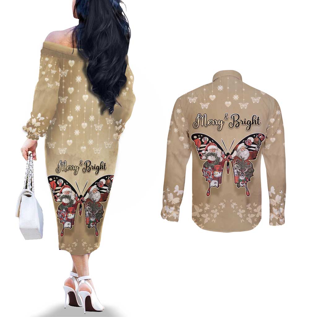 Butterfly Christmas Couples Matching Off The Shoulder Long Sleeve Dress and Long Sleeve Button Shirt Freedom Is For Everyone - Wonder Print Shop