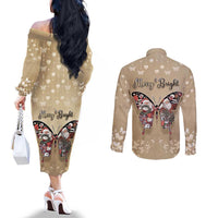 Butterfly Christmas Couples Matching Off The Shoulder Long Sleeve Dress and Long Sleeve Button Shirt Freedom Is For Everyone - Wonder Print Shop