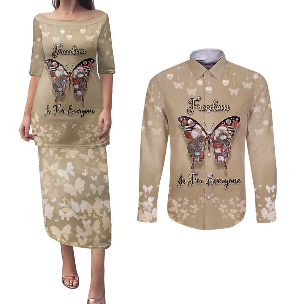 Butterfly Christmas Couples Matching Puletasi and Long Sleeve Button Shirt Freedom Is For Everyone - Wonder Print Shop