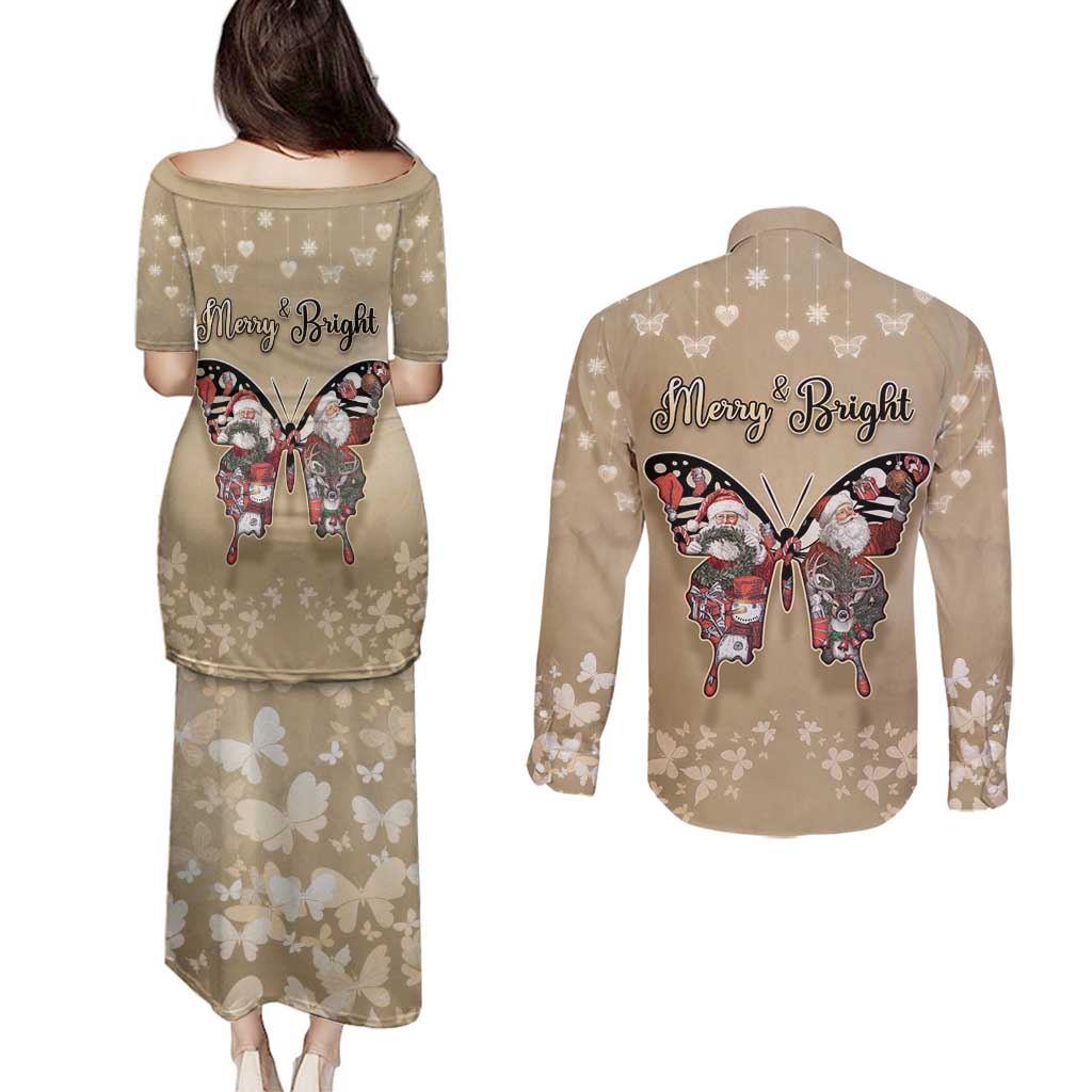 Butterfly Christmas Couples Matching Puletasi and Long Sleeve Button Shirt Freedom Is For Everyone - Wonder Print Shop