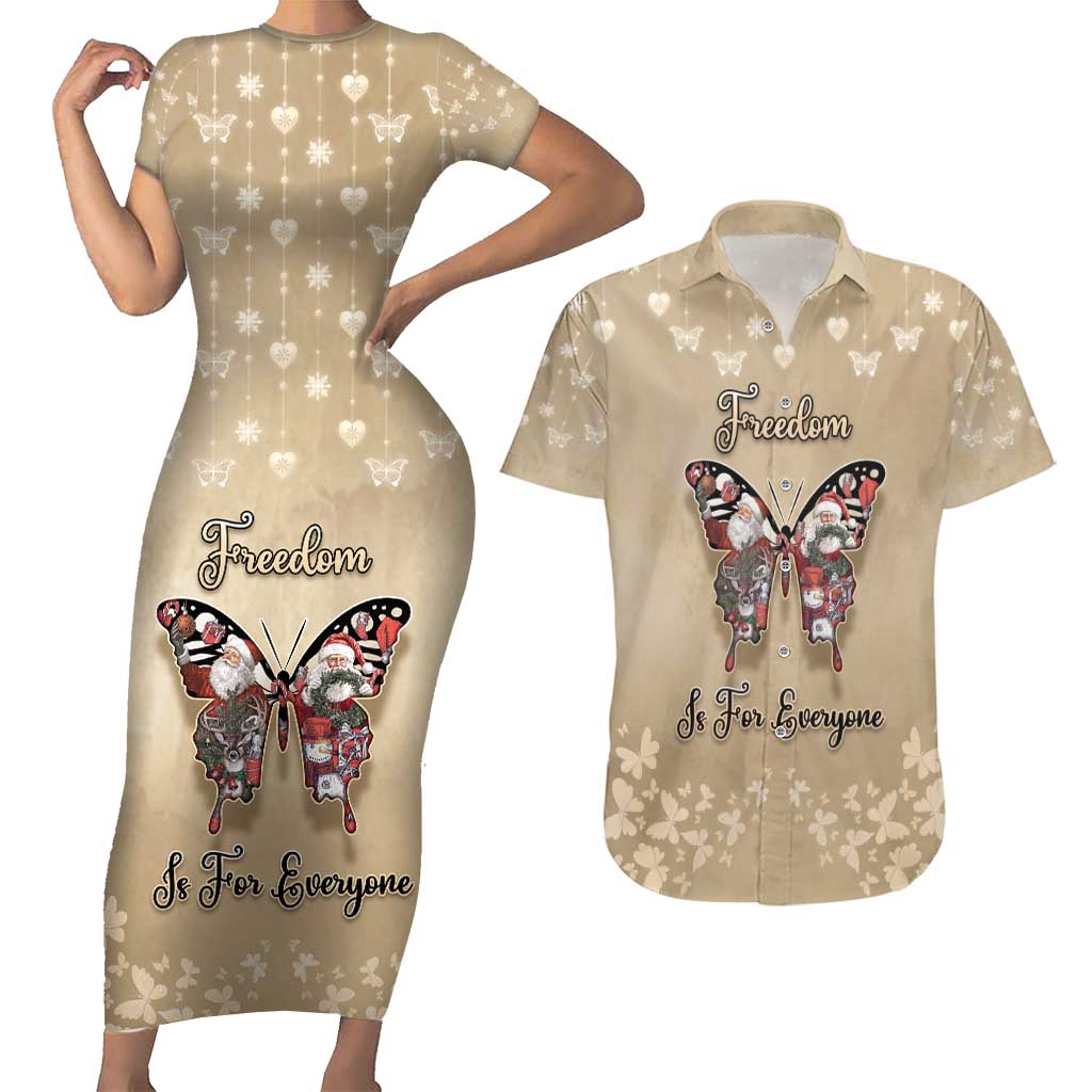 Butterfly Christmas Couples Matching Short Sleeve Bodycon Dress and Hawaiian Shirt Freedom Is For Everyone - Wonder Print Shop