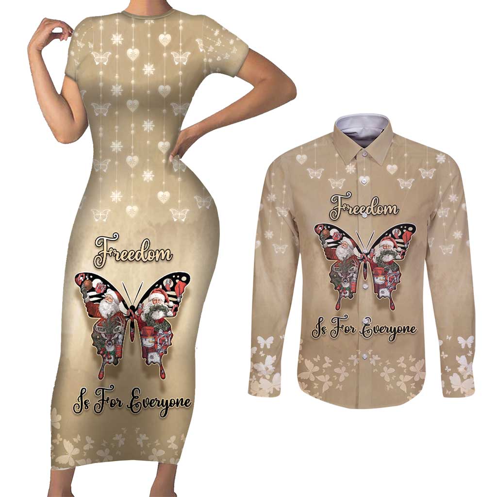 Butterfly Christmas Couples Matching Short Sleeve Bodycon Dress and Long Sleeve Button Shirt Freedom Is For Everyone - Wonder Print Shop