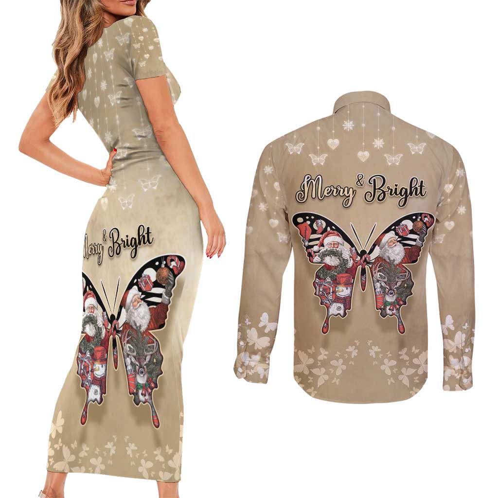 Butterfly Christmas Couples Matching Short Sleeve Bodycon Dress and Long Sleeve Button Shirt Freedom Is For Everyone - Wonder Print Shop