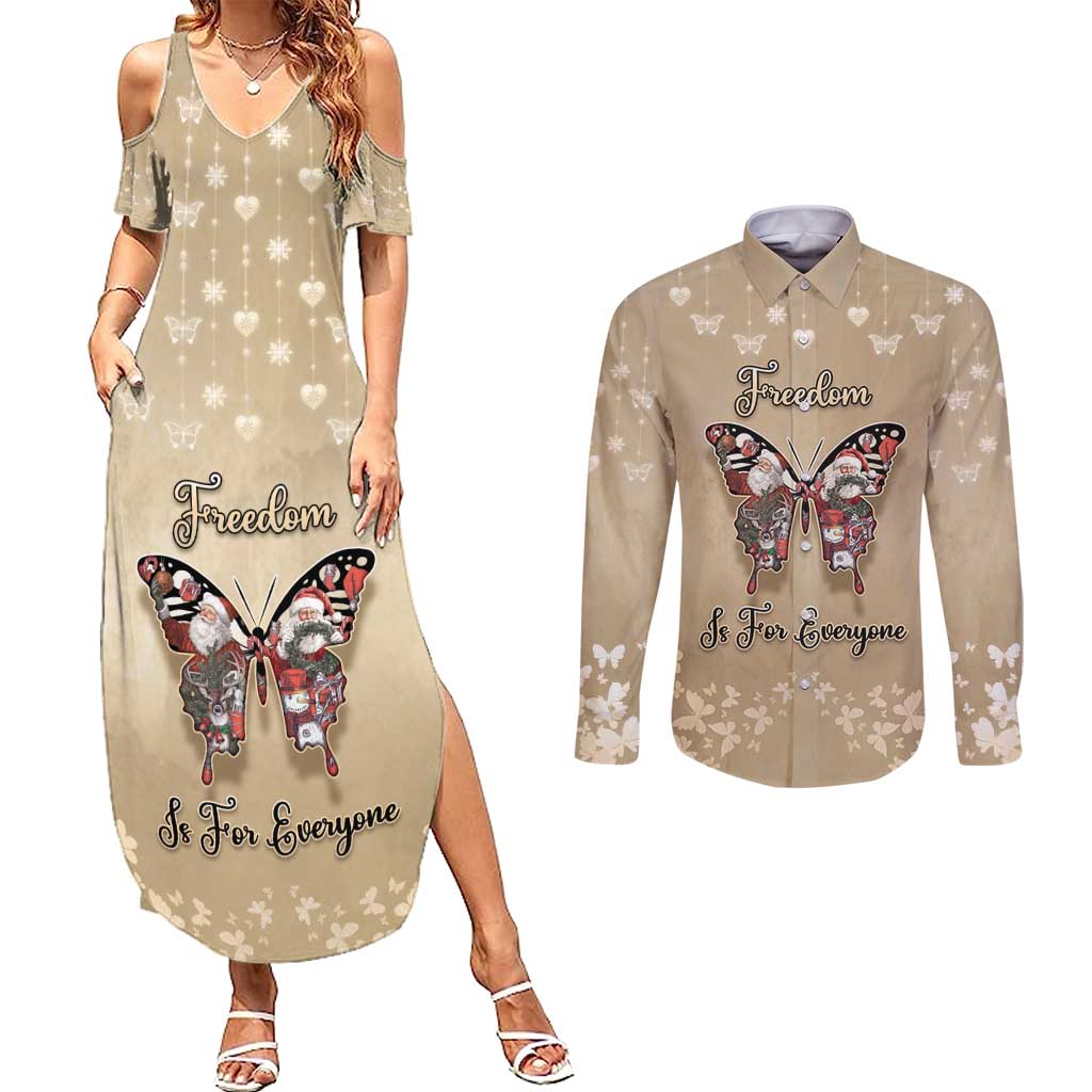 Butterfly Christmas Couples Matching Summer Maxi Dress and Long Sleeve Button Shirt Freedom Is For Everyone - Wonder Print Shop