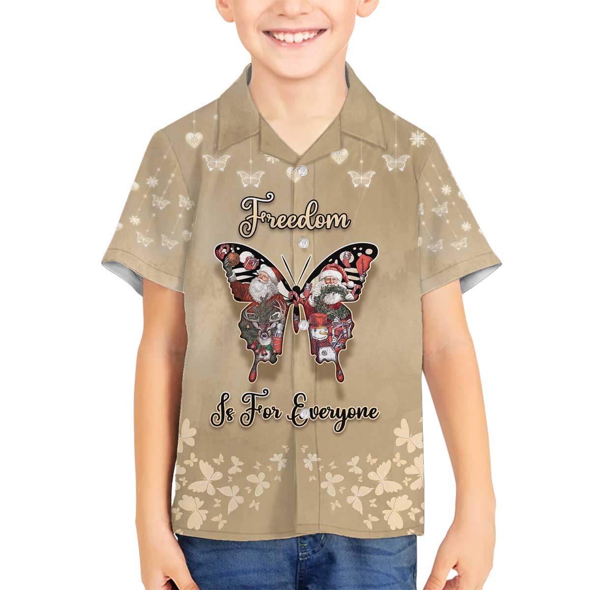 Butterfly Christmas Family Matching Off The Shoulder Long Sleeve Dress and Hawaiian Shirt Freedom Is For Everyone - Wonder Print Shop