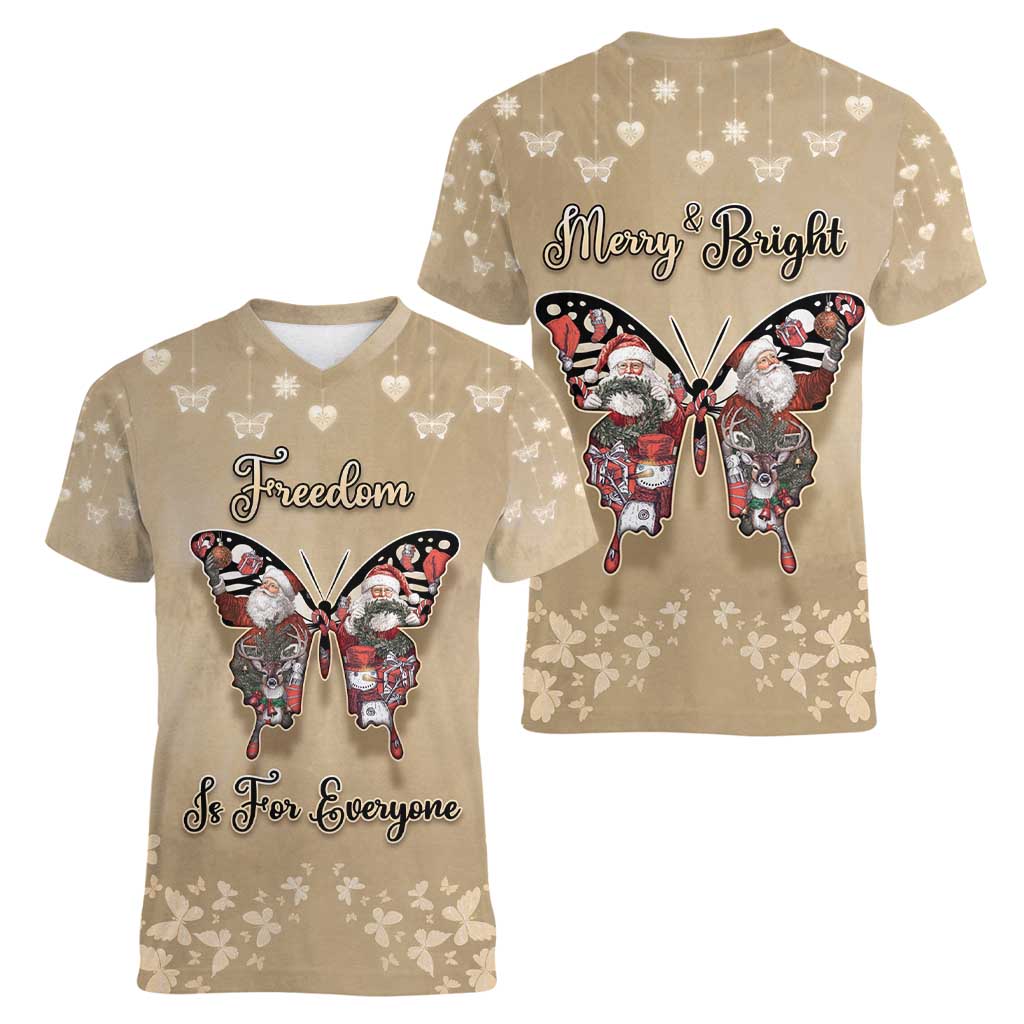 Butterfly Christmas Women V-Neck T-Shirt Freedom Is For Everyone - Wonder Print Shop