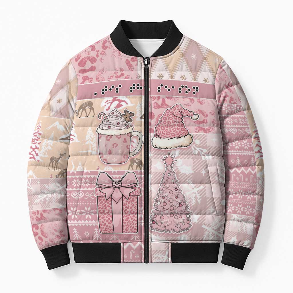 Braille Christmas Bomber Puffer Jacket Tis The Season Patchwork Style - Wonder Print Shop