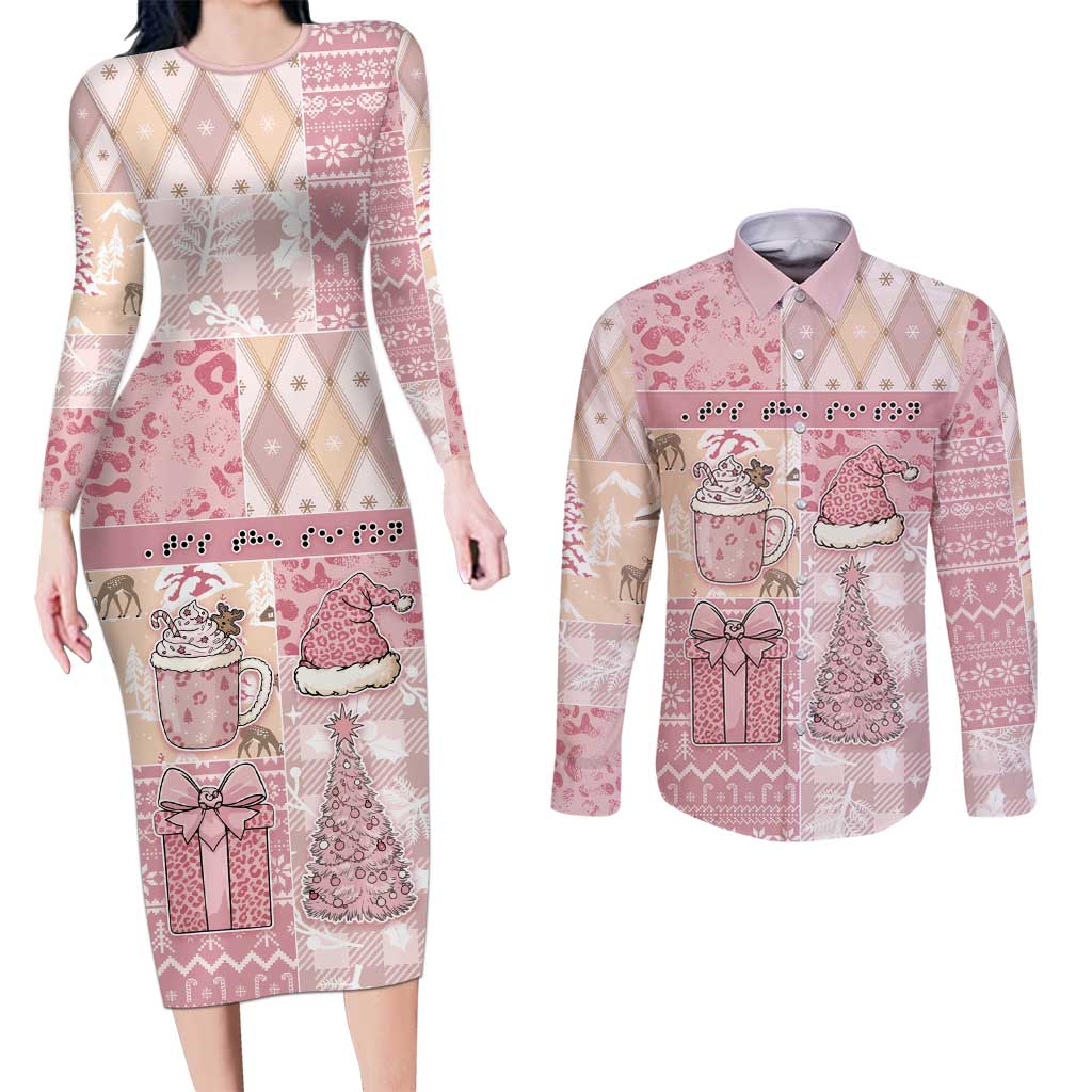Braille Christmas Couples Matching Long Sleeve Bodycon Dress and Long Sleeve Button Shirt Tis The Season Patchwork Style - Wonder Print Shop
