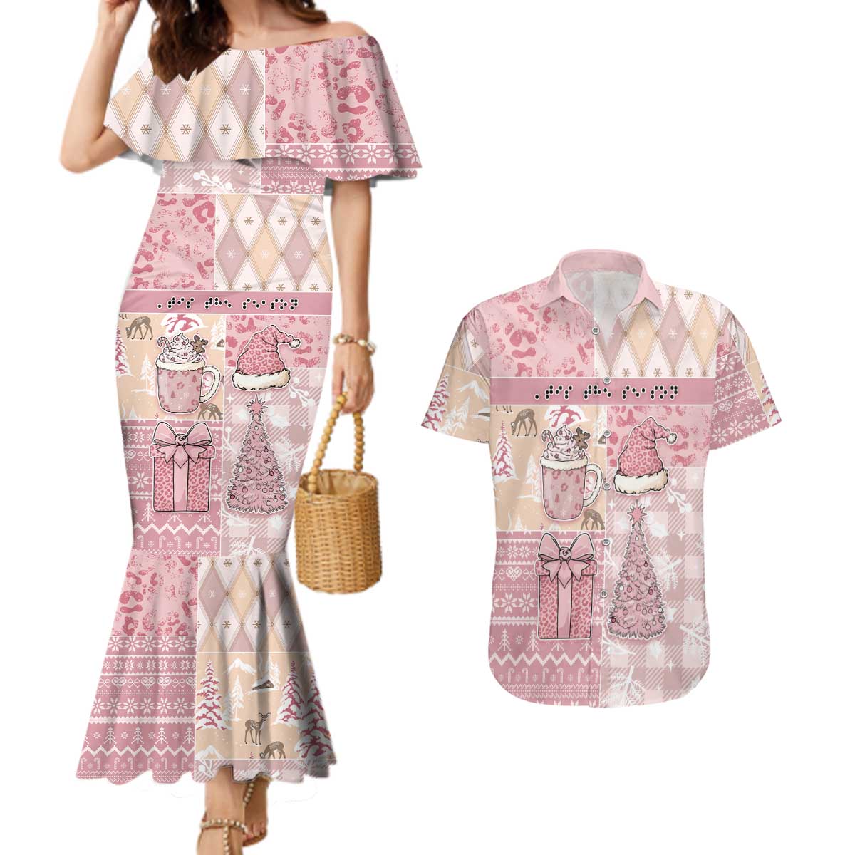 Braille Christmas Couples Matching Mermaid Dress and Hawaiian Shirt Tis The Season Patchwork Style - Wonder Print Shop