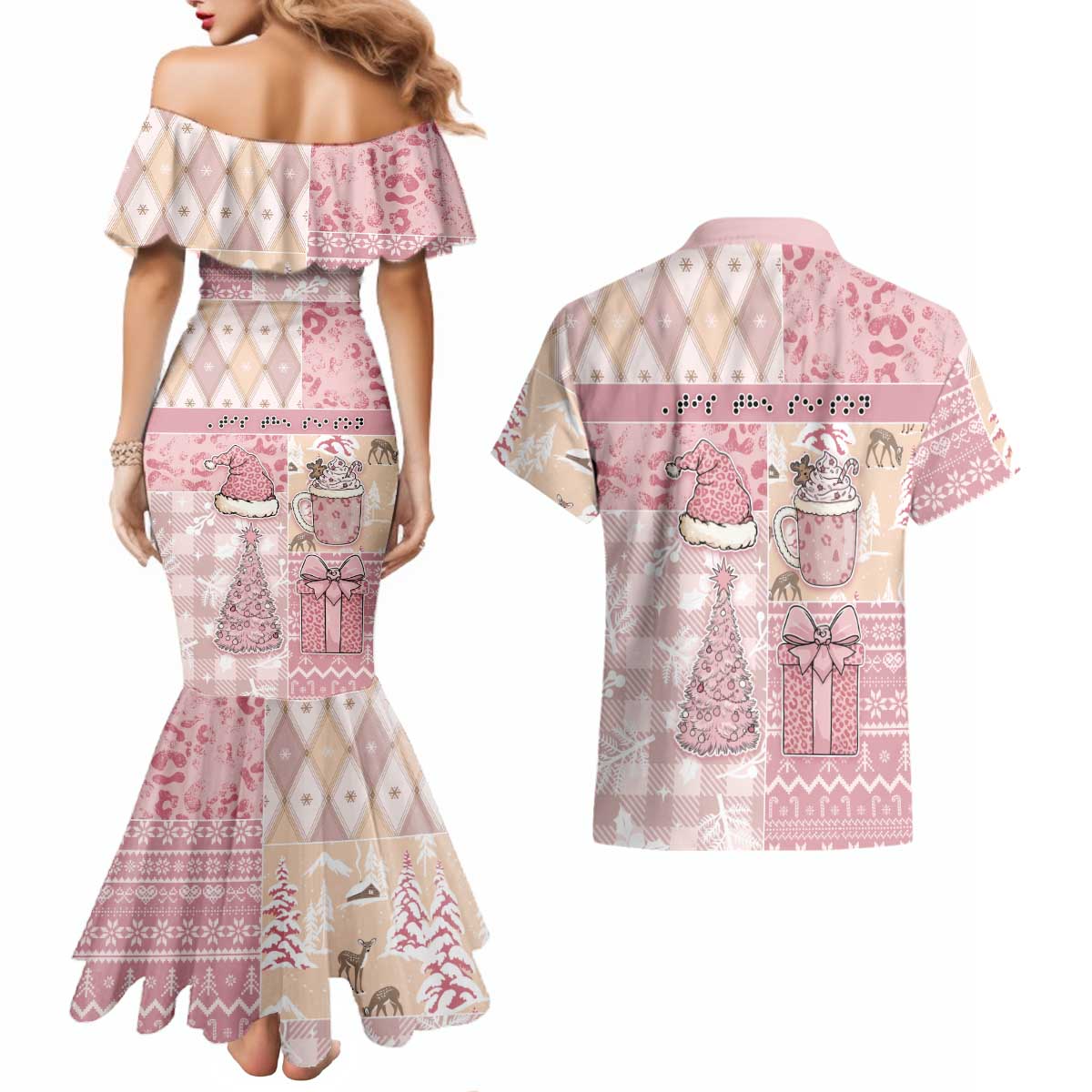 Braille Christmas Couples Matching Mermaid Dress and Hawaiian Shirt Tis The Season Patchwork Style - Wonder Print Shop