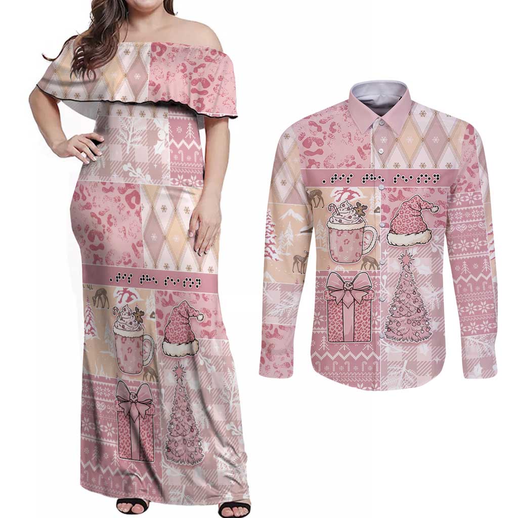 Braille Christmas Couples Matching Off Shoulder Maxi Dress and Long Sleeve Button Shirt Tis The Season Patchwork Style - Wonder Print Shop
