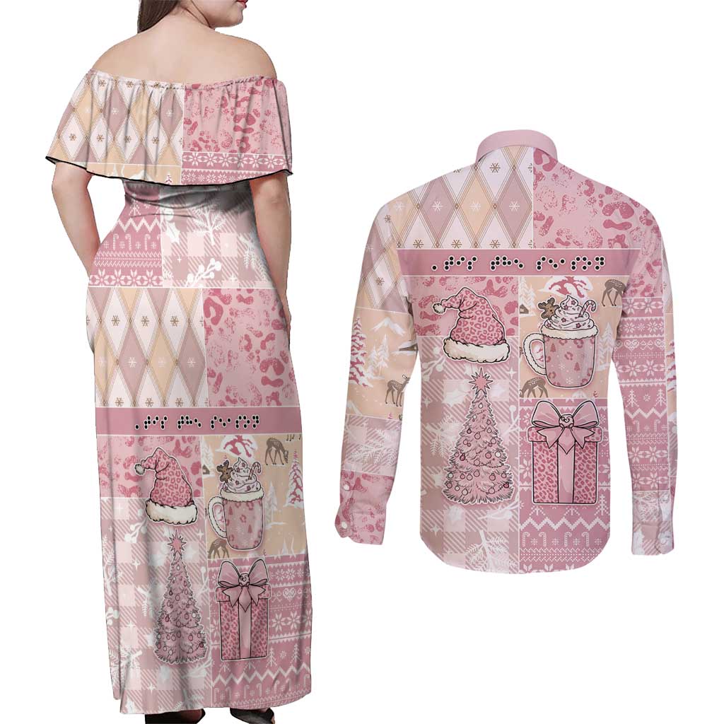 Braille Christmas Couples Matching Off Shoulder Maxi Dress and Long Sleeve Button Shirt Tis The Season Patchwork Style - Wonder Print Shop