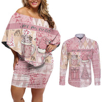 Braille Christmas Couples Matching Off Shoulder Short Dress and Long Sleeve Button Shirt Tis The Season Patchwork Style - Wonder Print Shop