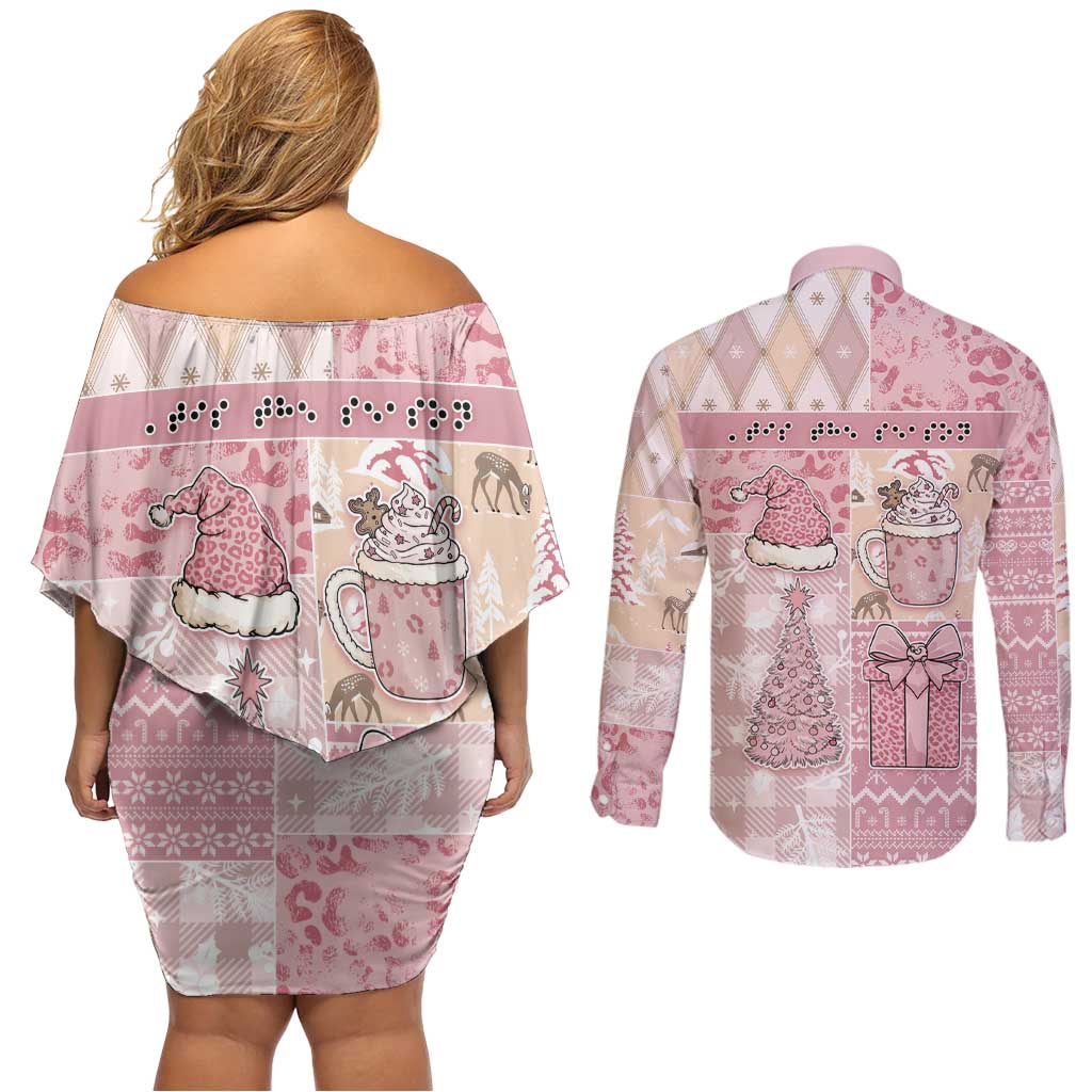 Braille Christmas Couples Matching Off Shoulder Short Dress and Long Sleeve Button Shirt Tis The Season Patchwork Style - Wonder Print Shop