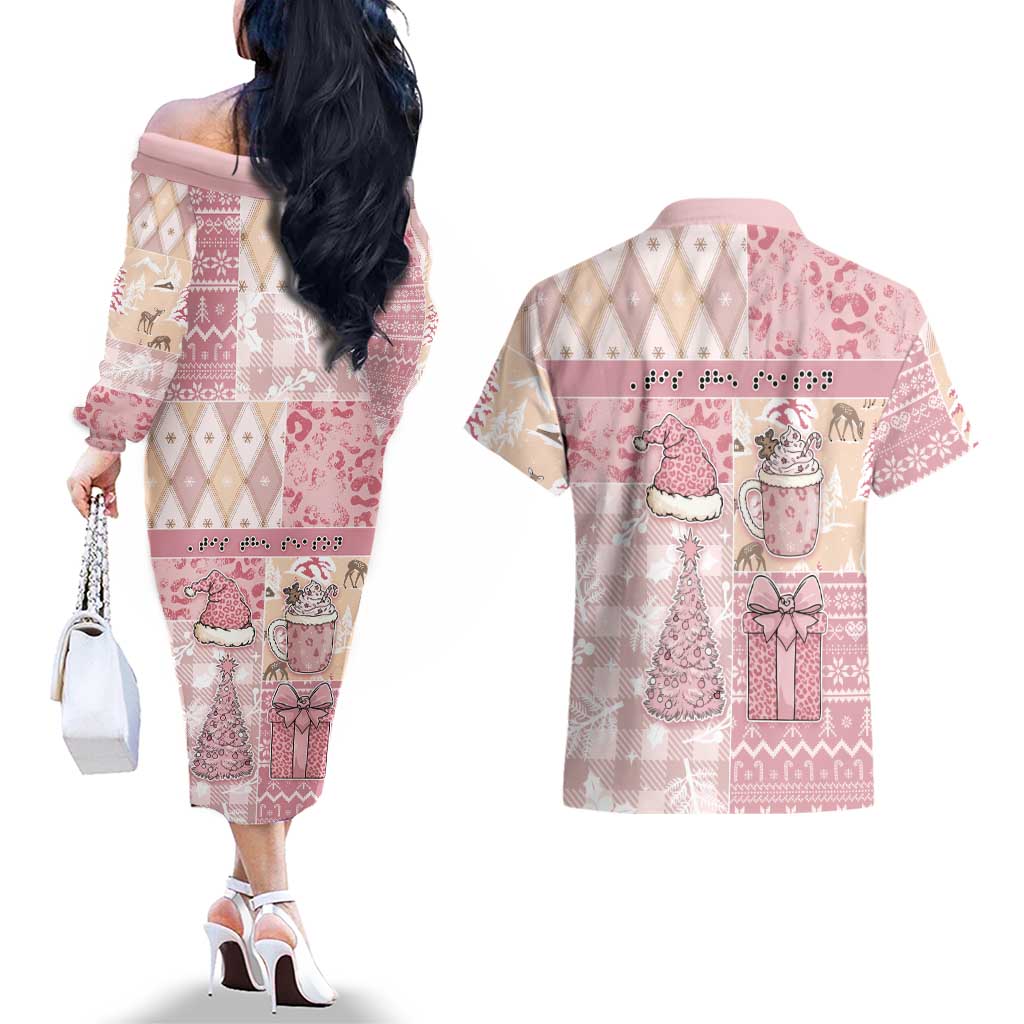 Braille Christmas Couples Matching Off The Shoulder Long Sleeve Dress and Hawaiian Shirt Tis The Season Patchwork Style - Wonder Print Shop